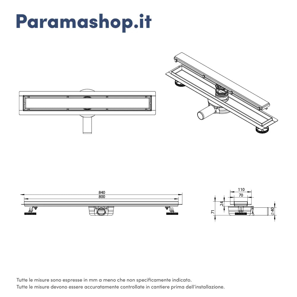Canalina doccia acciaio inox 80 cm cover in vetro nero