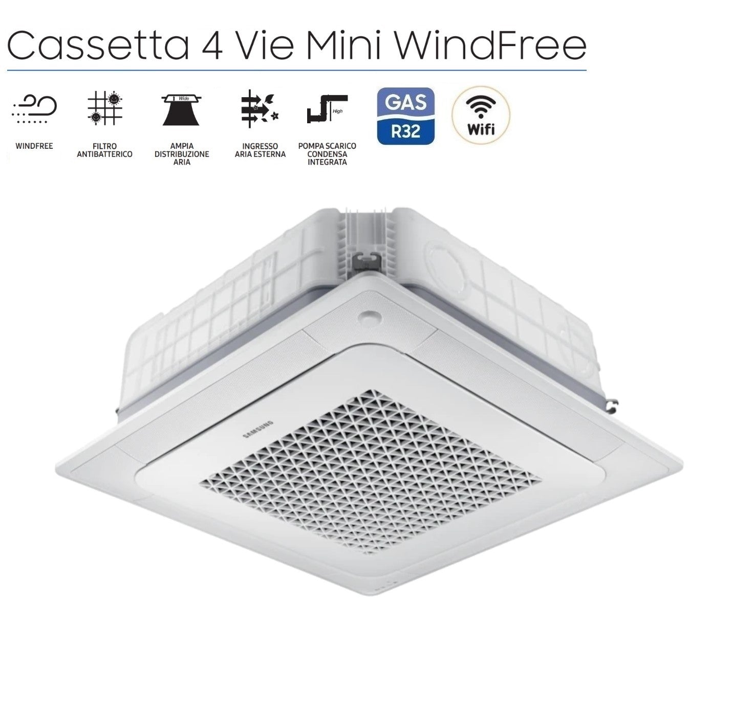 Unità Interna Mini Cassetta a 4 Vie Samsung WindFree 12000 Btu AJ035TNNDKG/EU R-32 Wi-Fi Optional con Griglia Inclusa