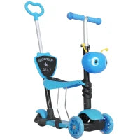 Outsunny Monopattino per Bambini con 3 Ruote 5 in 1, Manubrio Regolabile, Asta Telescopica, Sella, Schienale Rimovibile, Blu