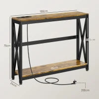 Consolle da Ingresso Stile Industriale con Prese di Corrente e USB, Legno e Acciaio, 100x24x75cm, Marrone