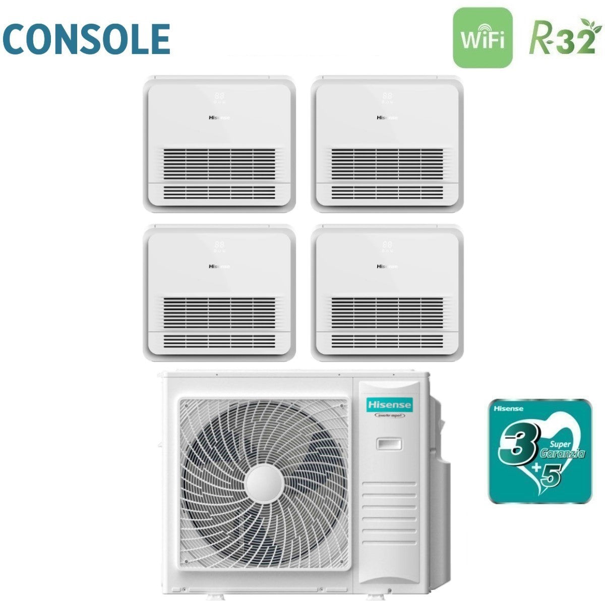 Climatizzatore Condizionatore Hisense Quadri Split Console 9+9+9+9 con 5AMW105U4RQC R-32 Wi-Fi Optional con Telecomando di serie 9000+9000+9000+9000
