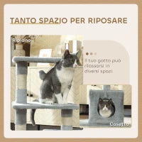 Tiragraffi per Gatti con Casetta, 2 Piattaforme e Pallina, in Legno, Sisal e Peluche, 50x30x81.5 cm, Grigio
