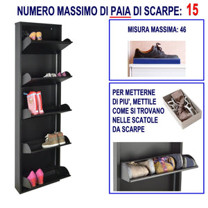 Scarpiera SalvaSpazio Slim a 5 Ante| NERA | L'Originale| 15x50x170 cm | 10/15 PAIA di scarpe | Gia' montate