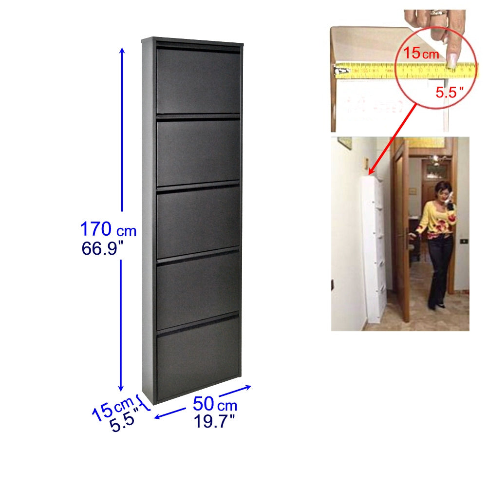 Scarpiera SalvaSpazio Slim a 5 Ante| NERA | L'Originale| 15x50x170 cm | 10/15 PAIA di scarpe | Gia' montate