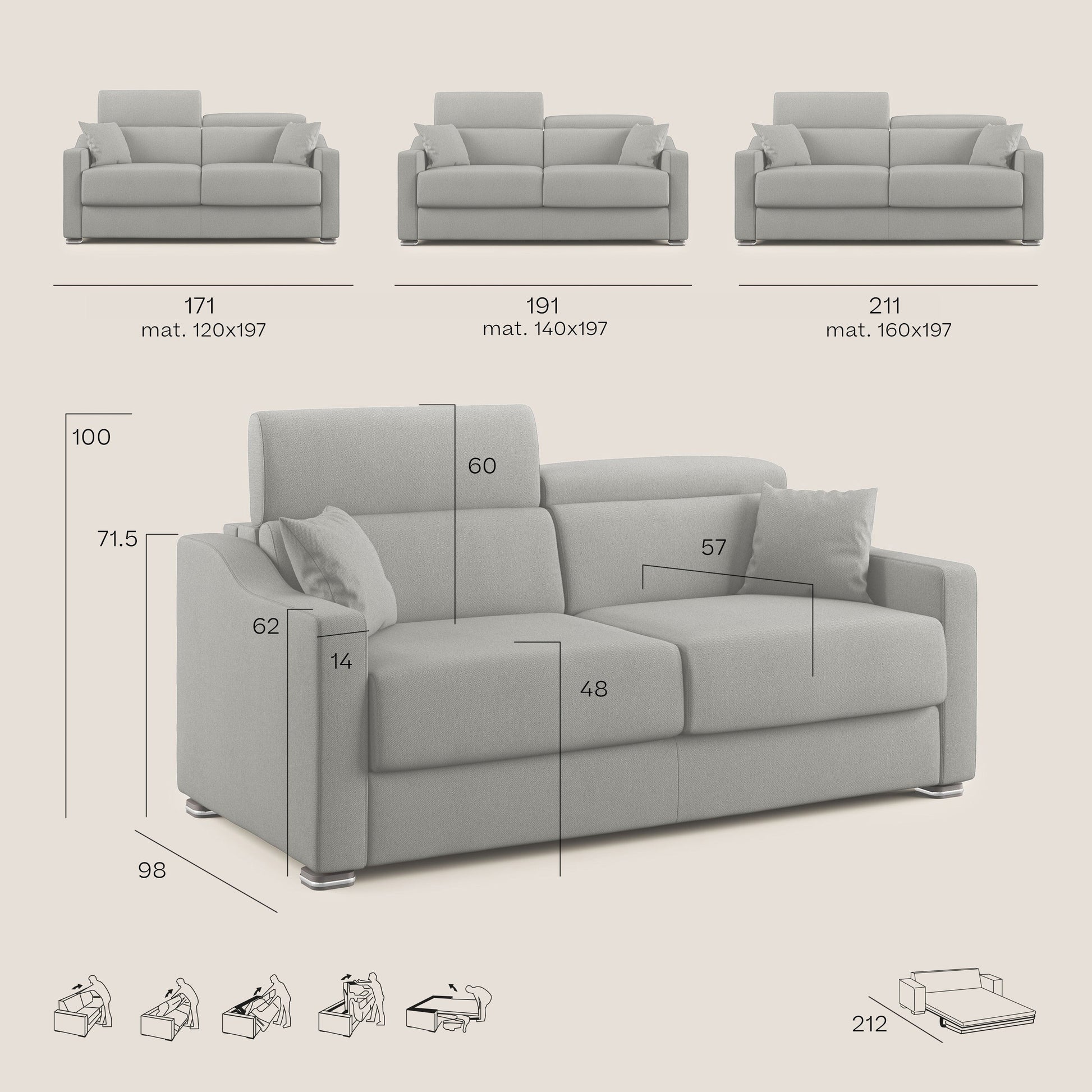 Divano Letto 2 Posti 171x100x98 cm in Tessuto Marrone