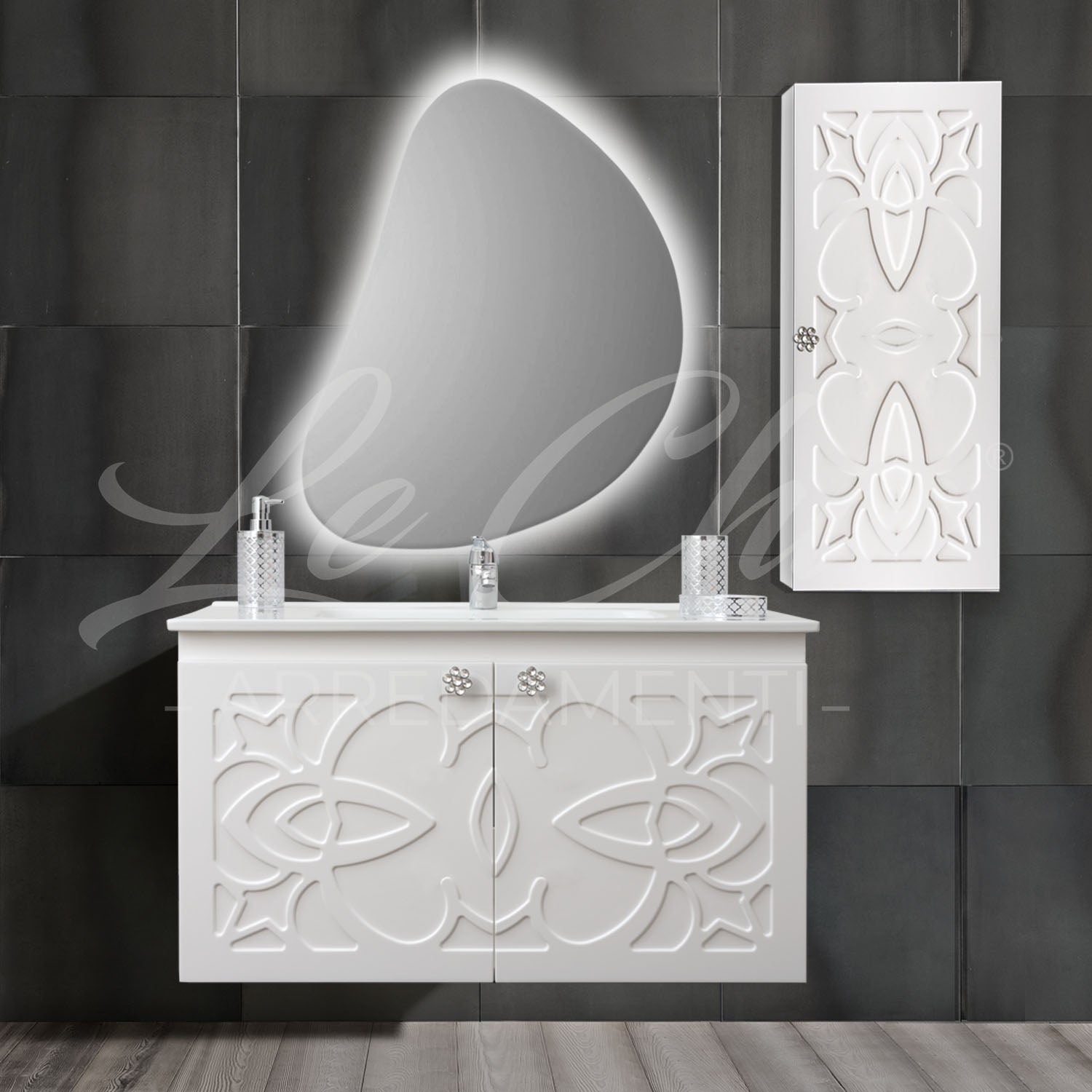 Mobile bagno sospeso completo Luxury con colonna - 90, Specchiera led rettangolare