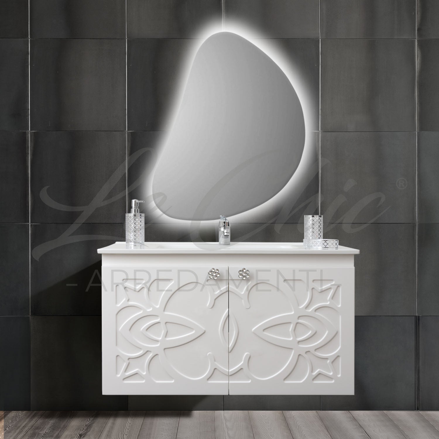 Mobile bagno moderno completo - 100 cm, Specchiera rettangolare led