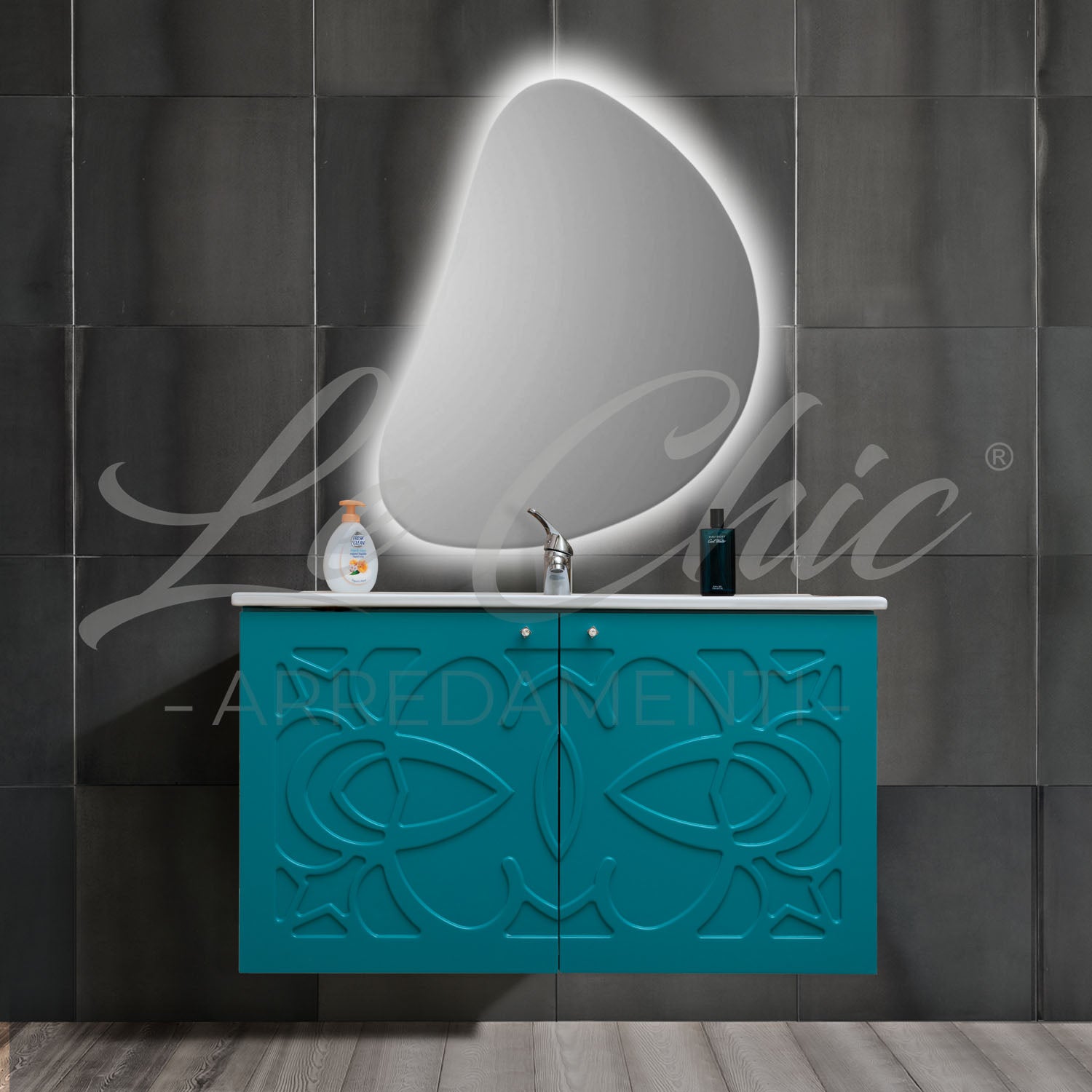 Mobile moderno sospeso Luxury verde smeraldo - 100 cm, Specchiera led sasso