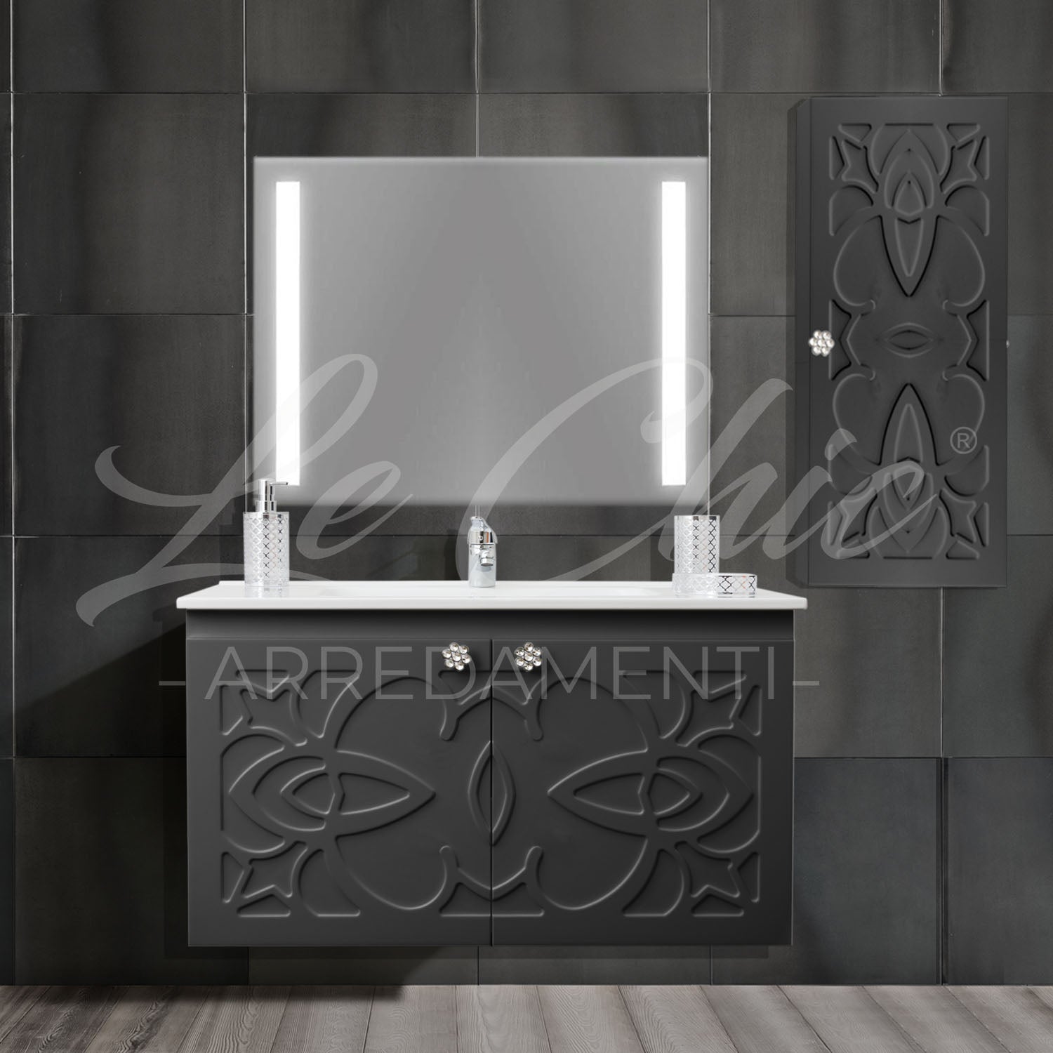 Mobile bagno nero sospeso stile Luxury con colonna - 120 cm, Vela