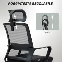 Sedia da Ufficio Ergonomica con Poggiatesta e Altezza Regolabili, Funzione Dondolo e Ruote, Nero