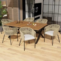 Set da pranzo da giardino 7 pezzi in rattan con 6 poltrone e tavolino, 140x80x76 cm, Beige