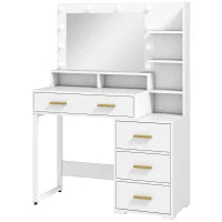 Tavolo da Trucco in Legno con 4 Cassetti, 6 Ripiani Aperti e Specchio, 100x40x138 cm, Bianco