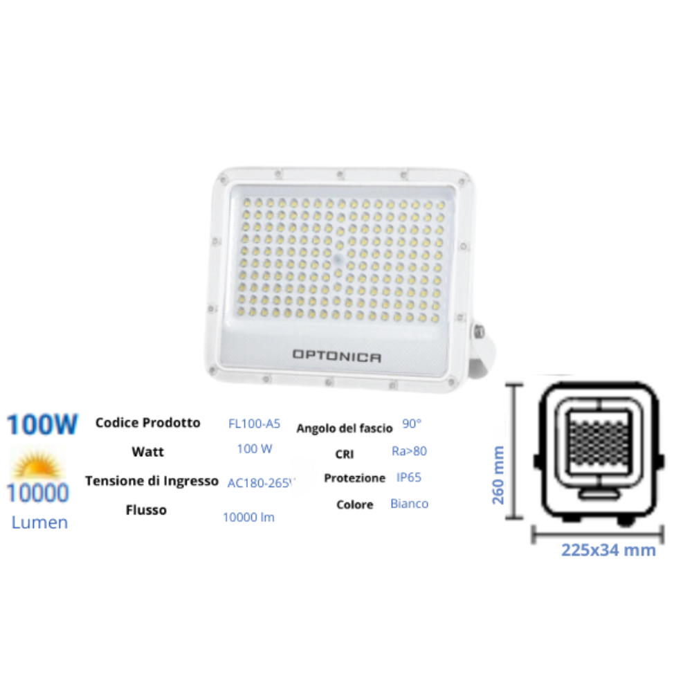 Optonica proiettore led smd corpo bianco luce naturale 100 watt 90 lumen 4000k