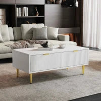 Tavolino da Salotto Moderno con 2 Cassetti e Design a Righe Verticali, 100x50x40 cm - Tavolino da Divano, Bianco+Oro