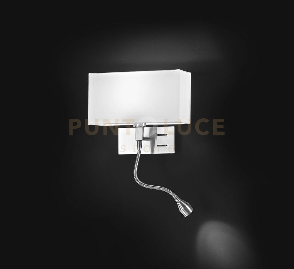 Para Hotel Applique 1 luce cromo spazzolato paralume tessuto bianco attacco E14 più LED flessibile verso destra 1W 90LM 3000K