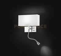 Para Hotel Applique 1 luce cromo spazzolato paralume tessuto bianco attacco E14 più LED flessibile verso destra 1W 90LM 3000K