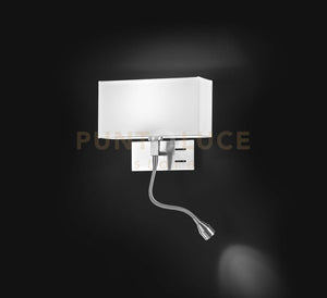 Para Hotel Applique 1 luce cromo spazzolato paralume tessuto bianco attacco E14 più LED flessibile verso destra 1W 90LM 3000K