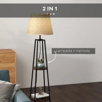 Lampada da Terra a 2 Ripiani in Metallo e MDF con Paralume in Tessuto, Ø42x166 cm, Nero e Marrone