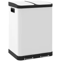 Bidone da Cucina 2 x 30L con Pedale in Acciaio Inossidabile, 2 Scomparti, Coperchio a Chiusura Morbida, 60L, Bianco