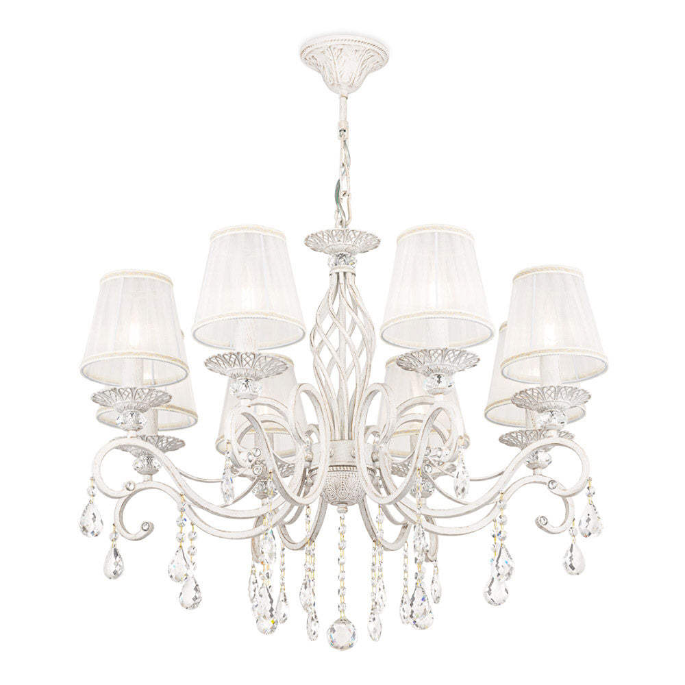 Lampadario Shabby Chic Grace Metallo Bianco 8 Luci Diffusori Bianchi
