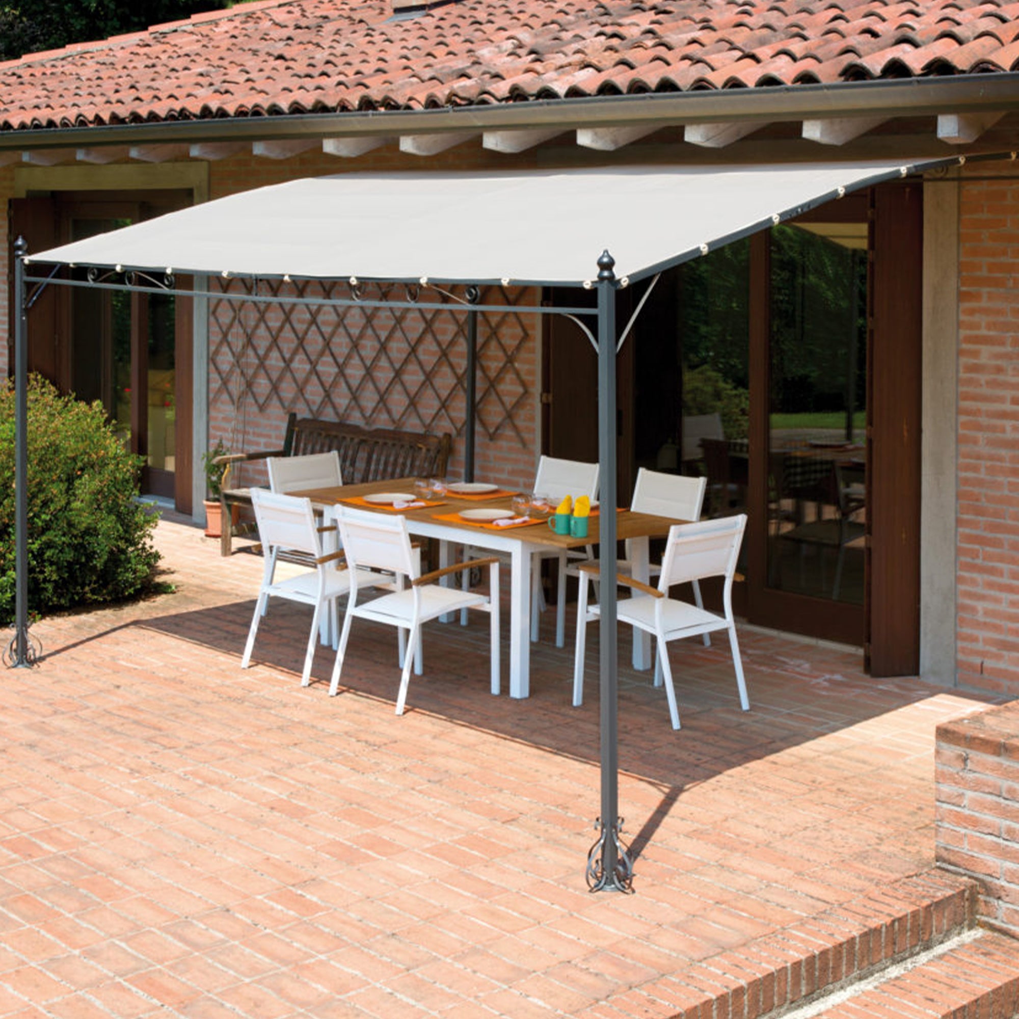 Pergola A Parete Kansas Ferro 3*2.5/Telo Sabbia per soggriono, arredo bar ed esterni
