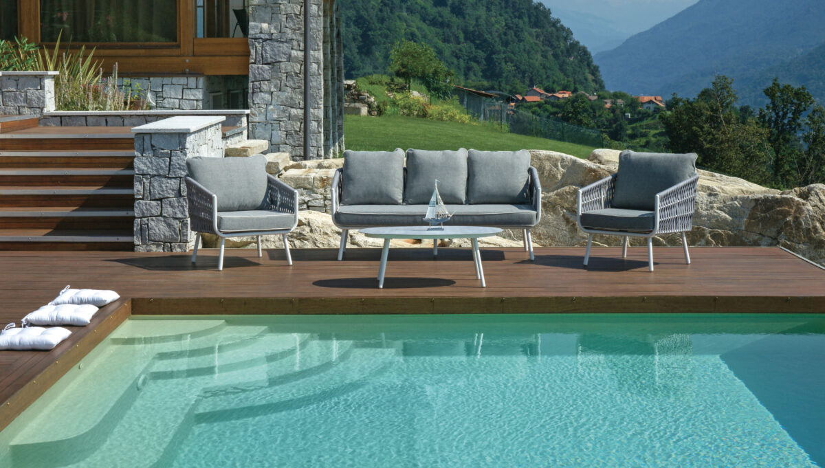 Set Salotto Venezia In Alluminio Bianco E Corda per soggriono, arredo bar ed esterni