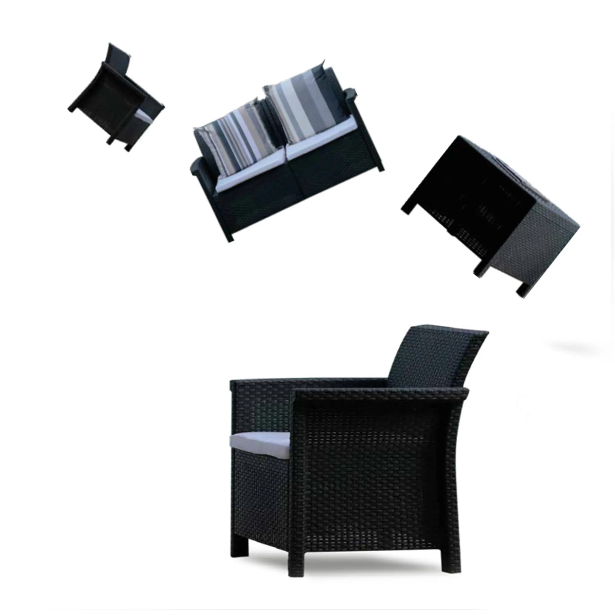 Set Holiday Divano 2P+2 Poltrone C/Tavolino Nero