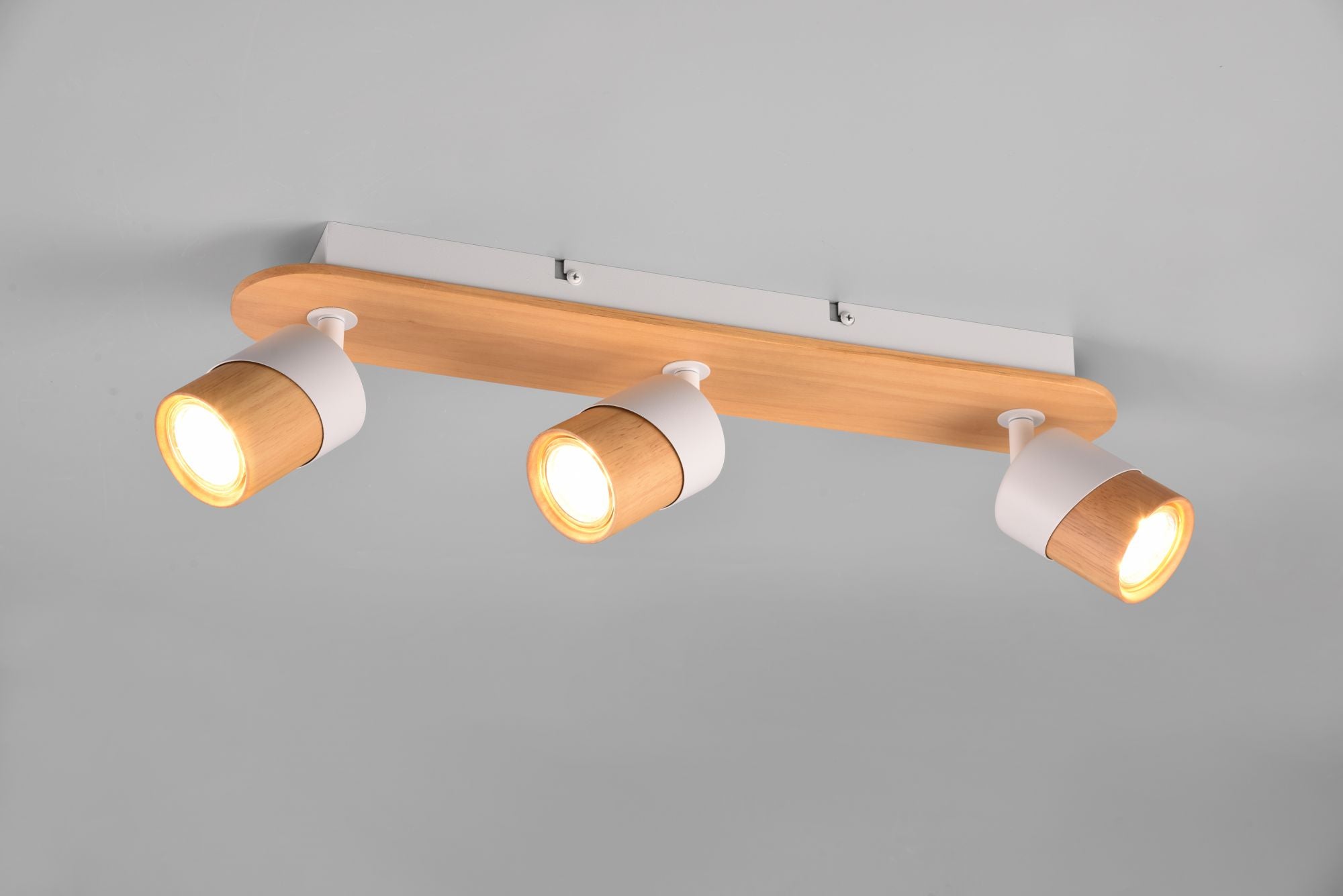 ARUNI BARRA 3 SPOTS ORIENTABILI METALLO BIANCO E LEGNO NATURALE L. 48CM ATTACCO GU10
