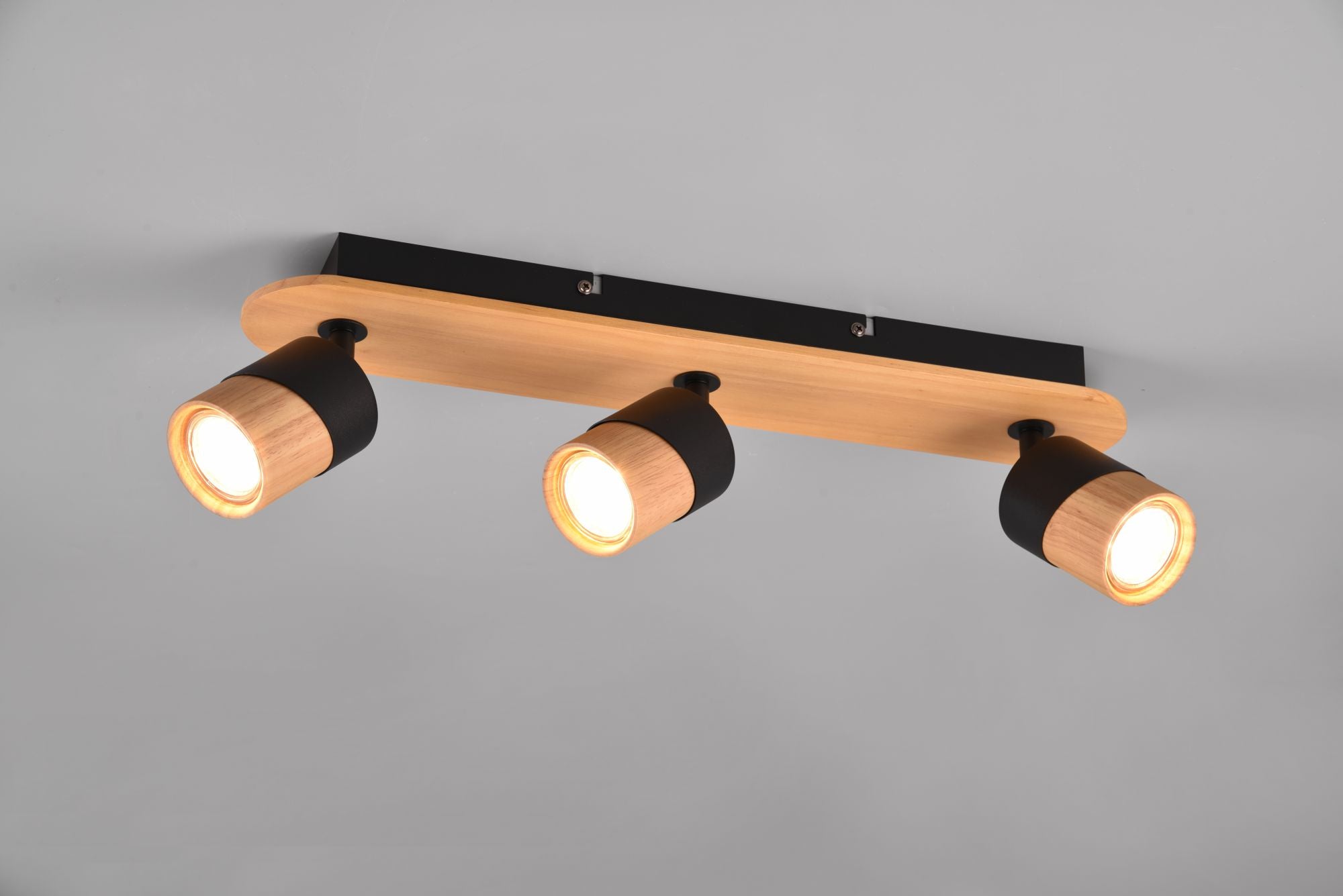 ARUNI BARRA 3 SPOTS ORIENTABILI METALLO NERO E LEGNO NATURALE L. 48CM ATTACCO GU10