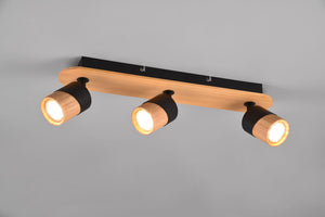 ARUNI BARRA 3 SPOTS ORIENTABILI METALLO NERO E LEGNO NATURALE L. 48CM ATTACCO GU10