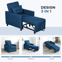 Poltrona Letto Singola Reclinabile su 3 Livelli con Cuscino e 2 Tasche Laterali, 69x82x85cm, Blu
