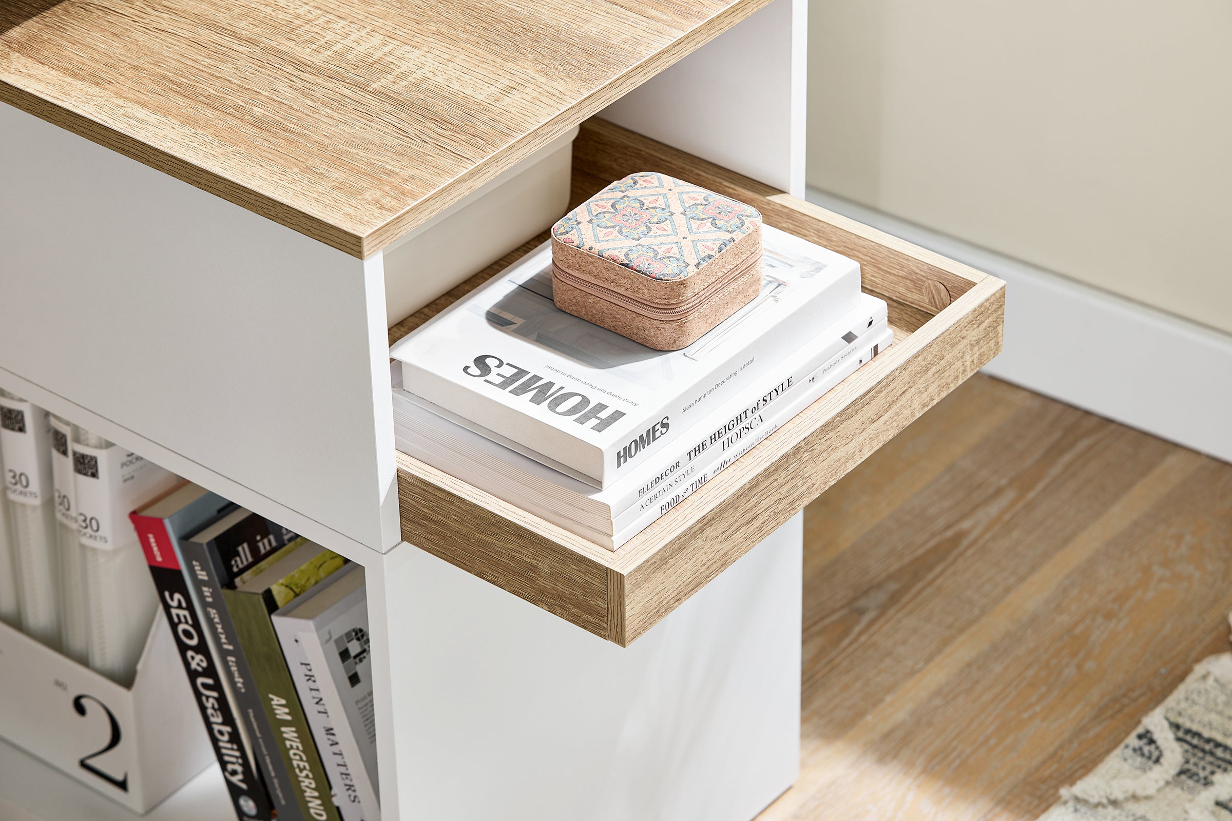 SoBuy Tavolino stampante Mobiletto ufficio Cassettiera compatta Supporto stampante Tavolino divano Bianco-Naturale 40x50x65 cm ASK08-WN