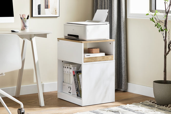 SoBuy Tavolino stampante Mobiletto ufficio Cassettiera compatta Supporto stampante Tavolino divano Bianco-Naturale 40x50x65 cm ASK08-WN