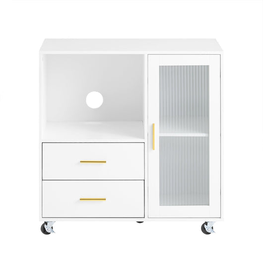SoBuy Cassettiera da Ufficio con Ruote, Supporto Stampante, Organizer da Scrivania, Mobiletto Contenitore con 2 Cassetti e 1 Anta in Vetro, Bianco 75x40x76 cm ASK09-W