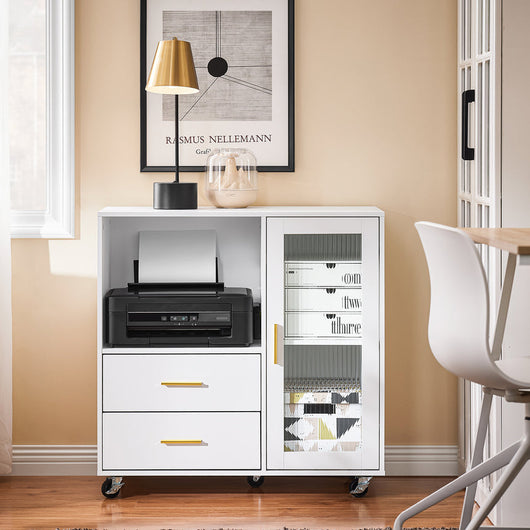 SoBuy Cassettiera da Ufficio con Ruote, Supporto Stampante, Organizer da Scrivania, Mobiletto Contenitore con 2 Cassetti e 1 Anta in Vetro, Bianco 75x40x76 cm ASK09-W