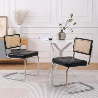 Set di 2 sedie da pranzo in rattan, schienale in rete senza braccioli, gambe in metallo cromato, Nero