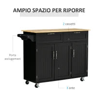 Carrello da Cucina in Legno con 2 Cassetti, Armadietto 3 Ante e 4 Ruote, 121x46x91cm, Nero