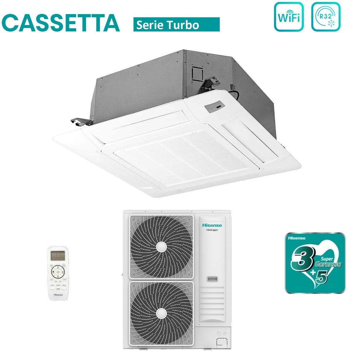Climatizzatore Condizionatore Hisense Inverter a Cassetta serie TURBO 36000 Btu AUC105UR4RKC8 + AUW105U6RN8 R-32 Wi-Fi Optional Classe A++/A+ con Telecomando e Pannello Incluso
