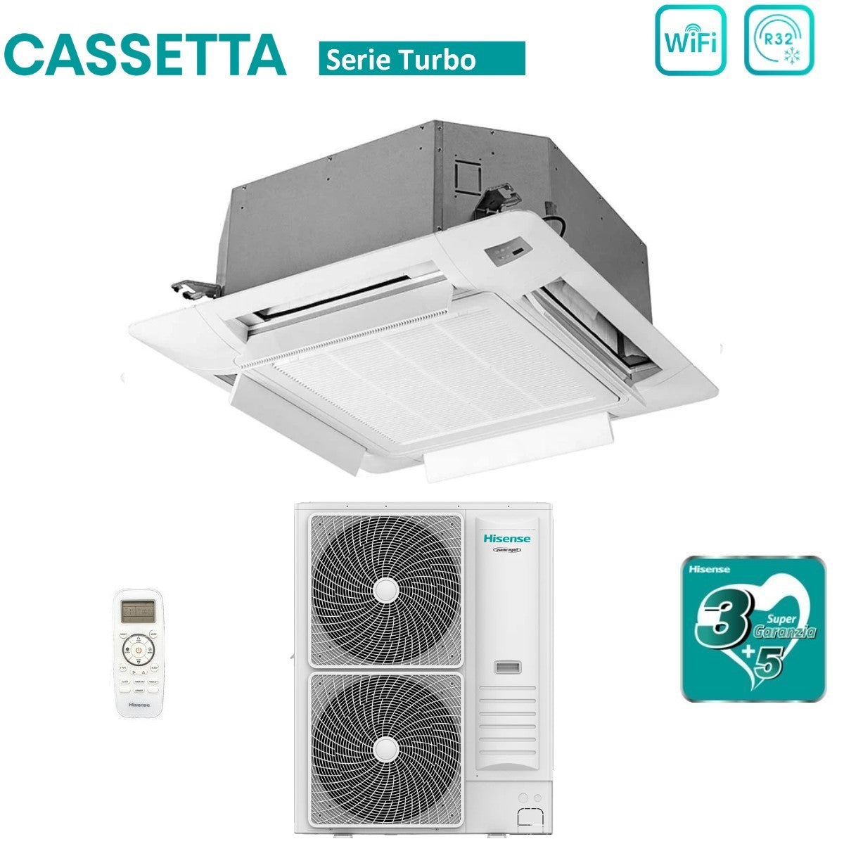 Climatizzatore Condizionatore Hisense Inverter a Cassetta serie TURBO 36000 Btu AUC105UR4RKC8 + AUW105U6RN8 R-32 Wi-Fi Optional Classe A++/A+ con Telecomando e Pannello Incluso