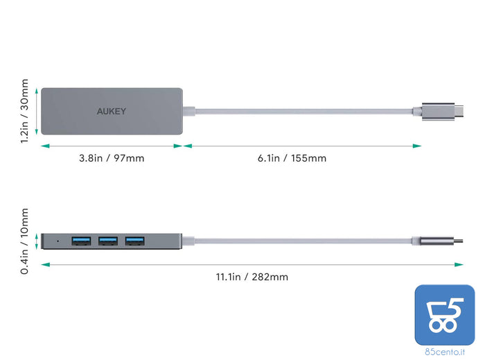 AUKEY Hub USB C in Alluminio 4 Porte USB 3.0 Adattatore USB C Super Sottile per MacBook PRO Google Chromebook Pixel, Samsung Note S A Ultra e Molti Altri Dispositivi Compatibili
