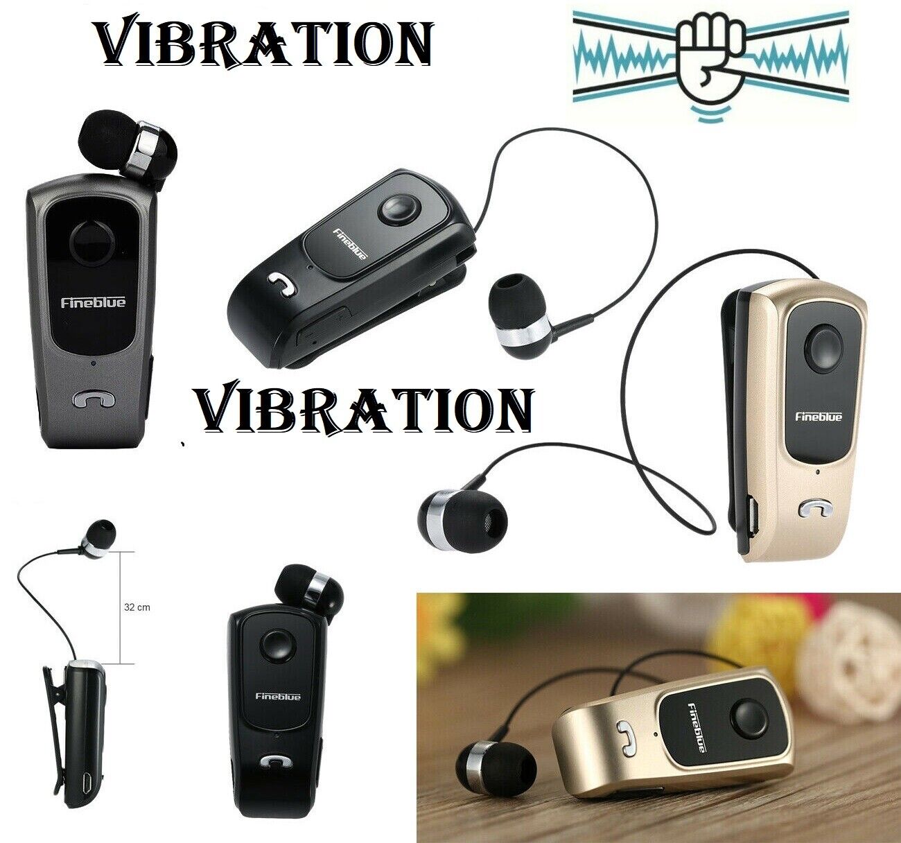 AURICOLARE CUFFIE BLUETOOTH RETRATTILE WIRELESS CLIP con VIBRAZIONE iOS Android