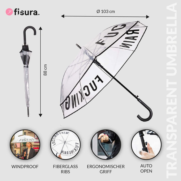 ombrello trasparente con scritta "Fucking Rain"