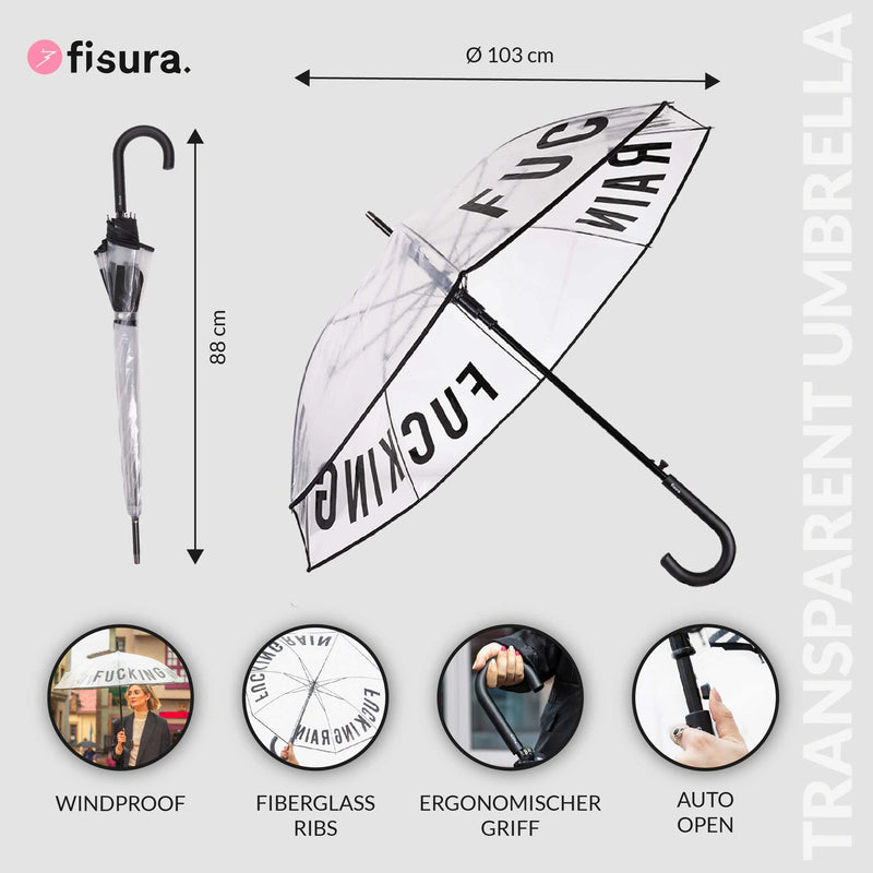 ombrello trasparente con scritta "Fucking Rain"
