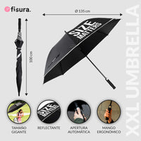 Ombrello gigante con scritta "Size matters"