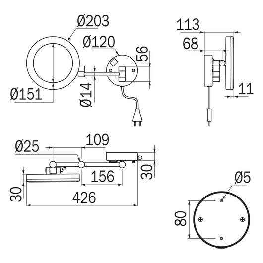 Inda - Specchio ingranditore tondo 3x a parete doppio braccio snodato a led