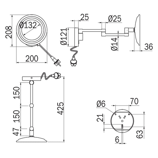 Inda - Specchio ingranditore tondo 3x a parete snodato con luce dimmerabile