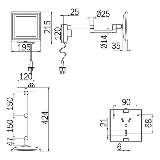 Inda - Specchio ingranditore quadro 3x a parete snodato con luce dimmerabile
