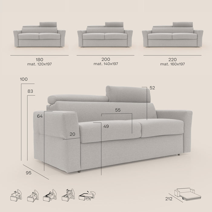 Avalon Divano letto con materasso H18 220 cm (mat. 160x197 cm) verde acqua