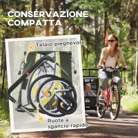 Rimorchio Bici per Bambini e Passeggino, Design 2 in 1 con Freno, Cintura a 5 Punti, Carrello Rimorchio per Bicicletta con Tasche Laterali, Catarifrangenti e Bandierina, Giallo