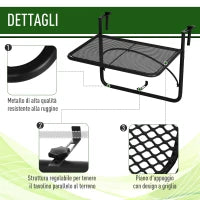 Tavolo da Ringhiera con Ganci ad Altezza Regolabile su 3 Livelli, in Metallo, 60x56.5x45 cm, Nero
